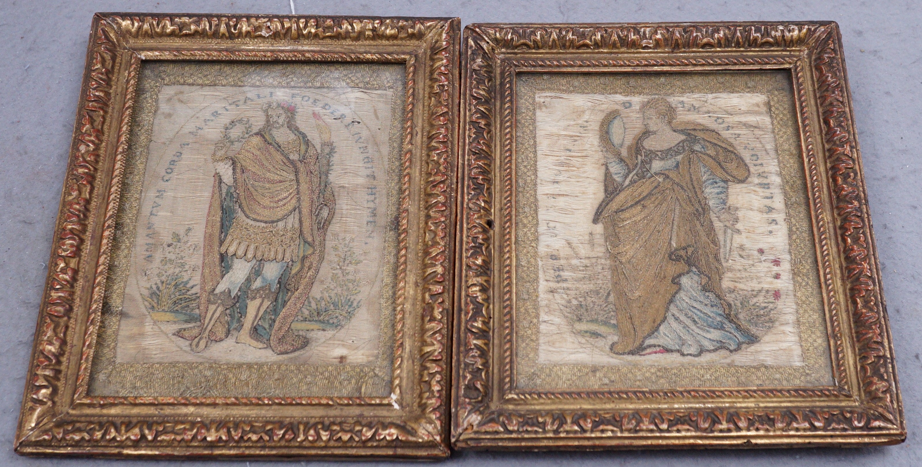 A pair of 18th century Italian embroideries in gilt frames, 24 x 19cm